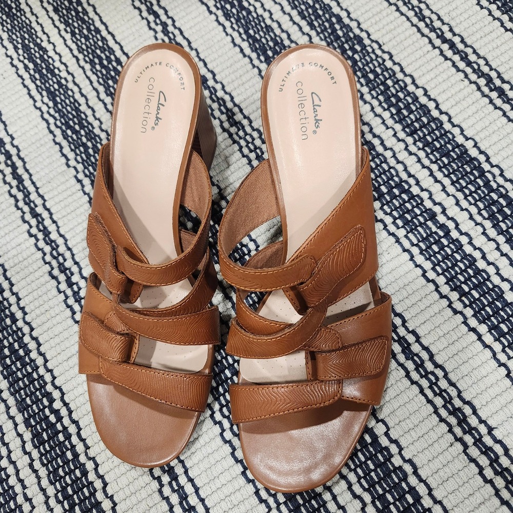 Clarks Collection Tan Leather Multi Strap Block Heel Slide Sandals Women 8.5 M - Picture 3 of 13